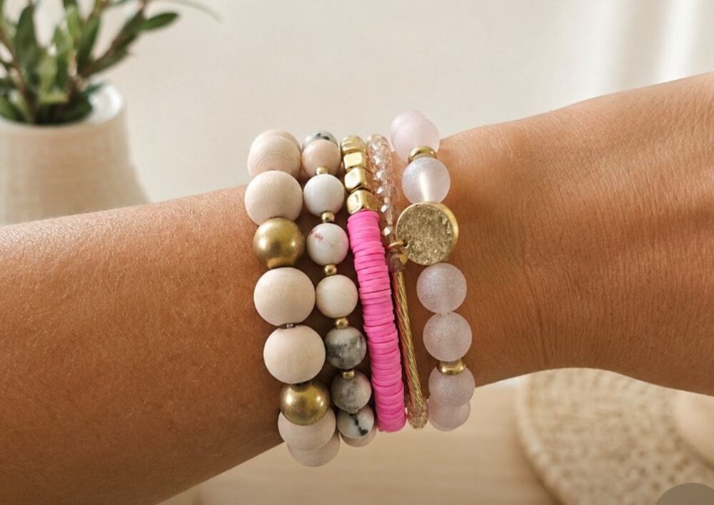 Pomina Pink Semi Precious Wood Stretch Bracelet Stack New